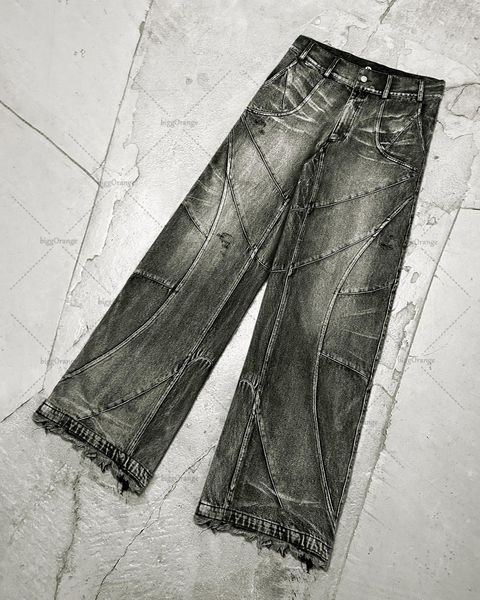 Jeans pour hommes Y2K Jeans à coutures détruites Jeans délavés noirs pour hommes Style gothique Tendance de la rue Vêtements rétro Pantalon ample à jambes larges Fall Guys 230821