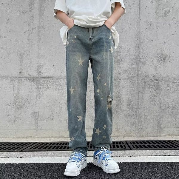 Jeans pour hommes Y2K Fashion Star Print Hip Hop Ripped Jeans Pantalons pour hommes Vêtements coréens Straight Blue Washed Denim Pantalons Ropa Hombre 230529