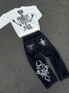Jeans pour hommes Y2K Harajuku Hip Hop Vintage Crâne Broderie Graphique Ripped Baggy Hommes Femmes Gothiques Pieds Larges Pantalon Streetwear