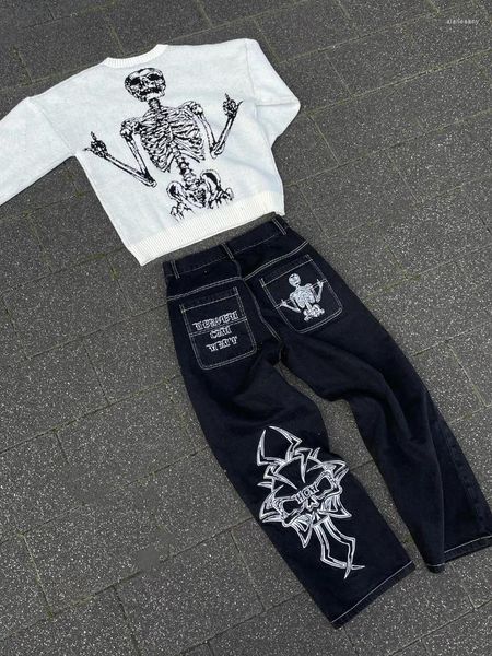 Jeans para hombres Y2k Harajuku Hip Hop Vintage Skull Bordado Gráfico Ripped Baggy Hombres Mujeres Gótico Pies anchos Pantalón Streetwear