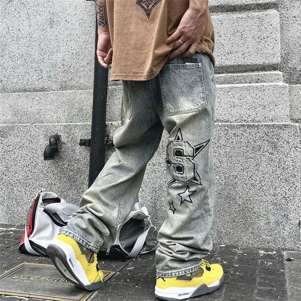 Jeans pour hommes Y2K High Street broderie Alphabet mi-taille pantalon à jambe droite avec bouton poche pantalon lâche mâle vêtements 017