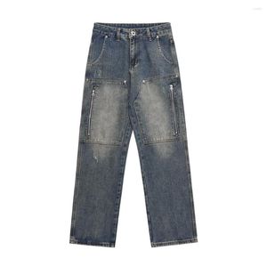 Jeans pour hommes Y2k Hip Hop Distressed Fashion Pantalons Casual High Street Pantalones Hommes Loose Straight-leg Zip Pocket Blue Denim Pants
