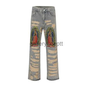 Jeans pour hommes Y2K trou broderie en détresse Baggy Denim pantalon unisexe droit Hip Hop jean ample déchiré décontracté hommes Cargo Panrs surdimensionné J230928