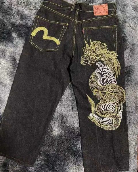 Jeans pour hommes Y2k Jeans Harajuku Hip Hop Dragon Motif Rétro Noir Surdimensionné Baggy Jeans Hommes Femmes 2023 Nouveau Gothique Large Pantalon Streetwear T231003