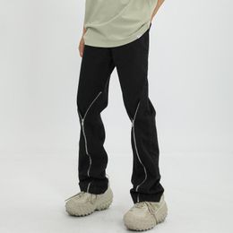 Heren Jeans Y2K Knie Rits Versieren Effen Kleur Gewassen Rechte Broek Mode Streetwear Baggy Casual Denim Broek