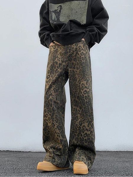 Jeans para hombres Y2K Leopardo Mujeres impresas Altas Pantalones de mezclilla de pierna anchura