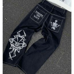 Jeans para hombres Y2k Hombres Black Retro Skull demon Demon Washed Jeans para hombres High Street Sale Baggy Jeans Mujeres Hip Hop Stretch Waist Pantalones negros 230720