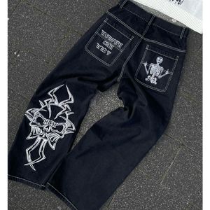 Herenjeans Y2k Heren Zwart Retro Skull Demon Demon Washed Heren Jeans High Street Sale Baggy Jeans Dames Hip Hop Stretch Taille Zwarte broek 230904