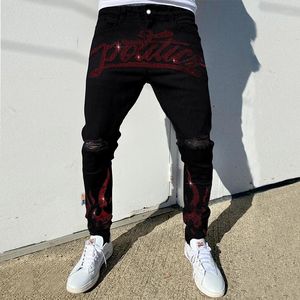 Jeans para hombres Y2K Hombres Elásticos Ripped Skinny Black Slim Hole Pantalones Estéticos Rhinestones Streetwear Denim Lápiz Pantalones