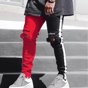 Jeans pour hommes Y2K Hommes Noir Rouge Patchwork Denim Pantalon Automne Pied Zip Up Ripped Hip Hop Vintage Skinny Homme Pantalones Hombre