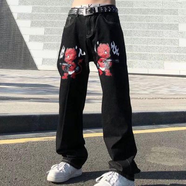 Jeans masculinos Y2K Hip Hop Hop Retro Skull Fire Cartoon Pantalones de mezclilla casual de pantalones de pierna anchas.