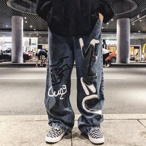 Herenjeans y2k heren Koreaanse casual streetwear blauw harajuku vintage jeans graffiti wide been baggy rechte denim broek broek mannen kleren 230210