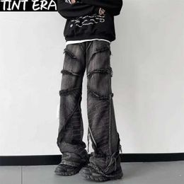 Jeans masculin y2k punk noir américain street rock rétro haute taille pour hommes surdimensionnés lavés avec des bords d'origine couleurs sombres à la jambe masculine jeans Q240523