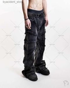 Jeans pour hommes Y2K Punk noir américain Street Rock rétro taille haute surdimensionné jean hommes 2023 nouveau bord brut lavé droit large jambe pantalon hommes L240313