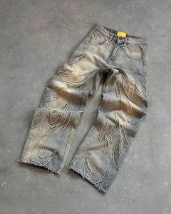 Jeans masculin y2k punk hip-hop para homens e mulheres roupas lavadas soltas calas de esfrego macaco praia estilo buraco 2023 h240425