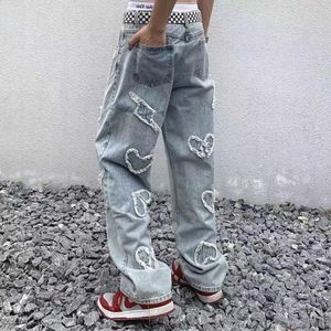 Heren Jeans Y2k Retro Gewassen Oude Liefde Patroon Patch Raw Edge Losse Wijde Pijpen Broek Joggers Heren Broek Hip Hop streetwear