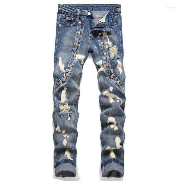 Jeans para hombres Y2K Remache Patchwork Ripped Slim Elástico Lápiz Pantalones de mezclilla Pantalones de algodón ocasionales Streetwear Diseño de motocicleta