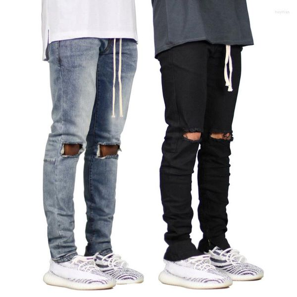 Jeans para hombres Y2k Streetwear High Street Fashion Ripped Lace Up Zip Hombres Ropa para hombres Pantalones pitillo azules y negros