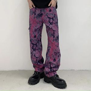 Herenjeans y2k streetwear nieuwste ontwerp jacquard paars bedrukte flip rand recht fit full lengte broek