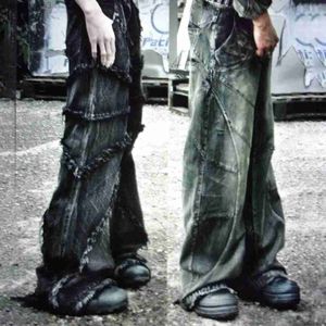 Herenjeans y2k tassel jeans heren zwart grijze spijkerbroek gothic street trend jeugdkleding retro los brede poot pantsl2404