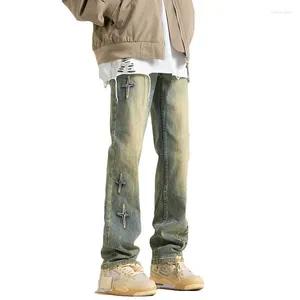 Jeans pour hommes Y2K Pantalon vintage lavé en détresse jaune clair étoile haute rue coupe slim jambe droite