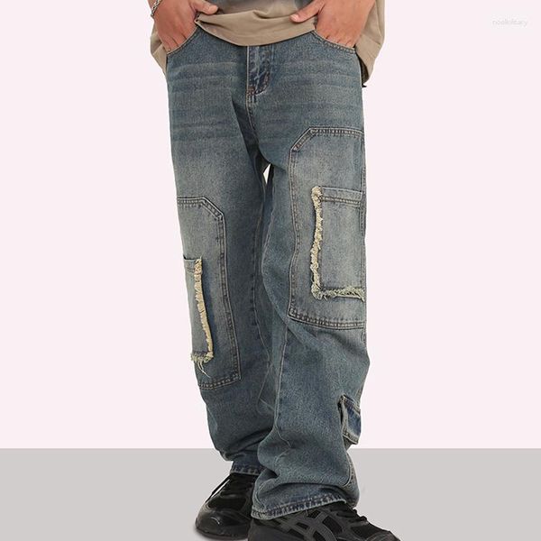 Jeans pour hommes Y2K Vintage lavable en peluche bord multi-poches Tube droit petit Style Design lâche pantalon décontracté
