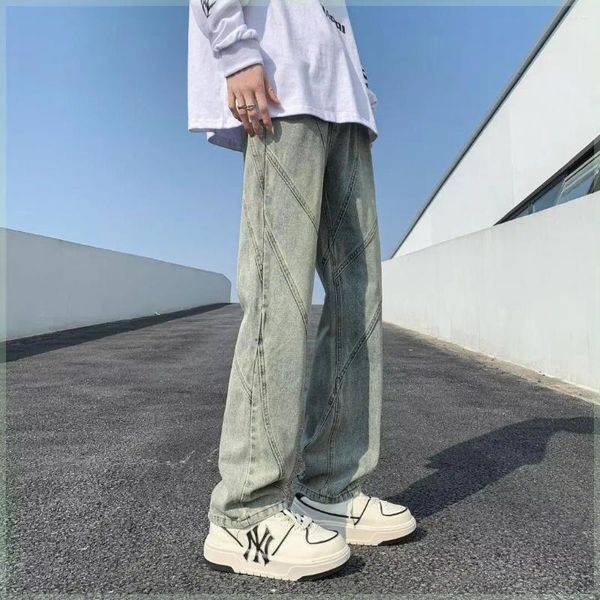 Jeans pour hommes Y2K lavable vieux et femmes vintage manches droites lâche épissé haute rue pantalon polyvalent