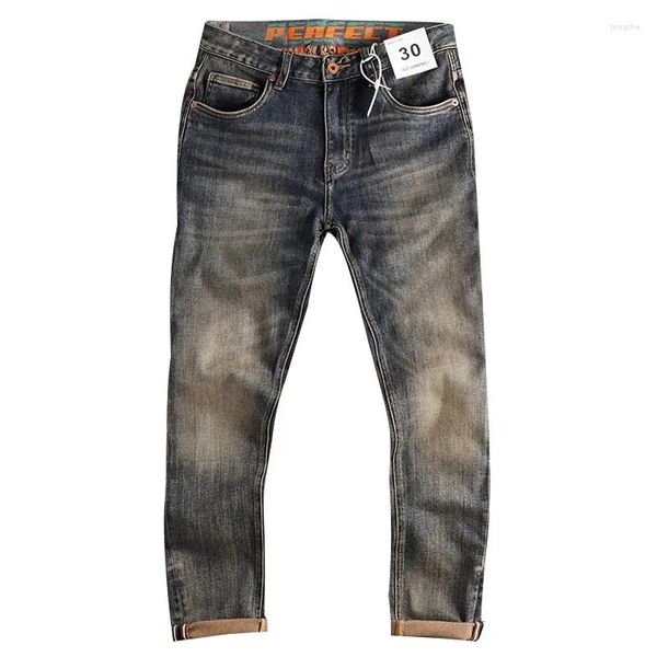 Jeans pour hommes Jaune Boue Couleur Lavé Hommes Vintage Moto Denim Pantalon Slim Fit Pantalon Crayon Droit