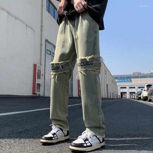 Jeans pour hommes Jaune Vintage Hommes Droite Streetwear Patchwork Genou Homme Denim Pantalon Printemps Automne Harajuku Coréen Hip Hop Cargo Pantalon