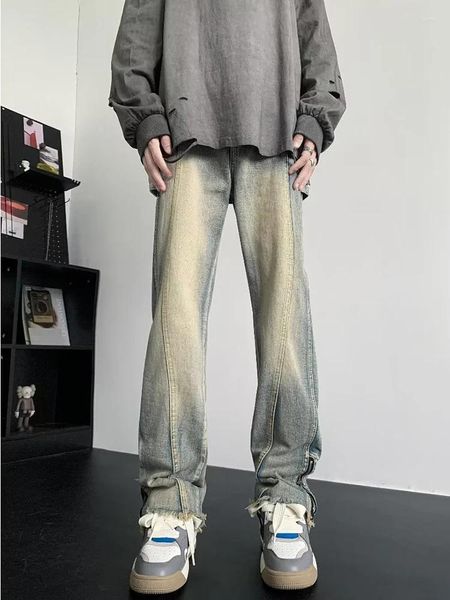Jeans para hombres YIHANKE American Retro Worker Tide Brand Frying Street Pantalones de lana de piernas rectas Cremallera Ocio Pantalones largos
