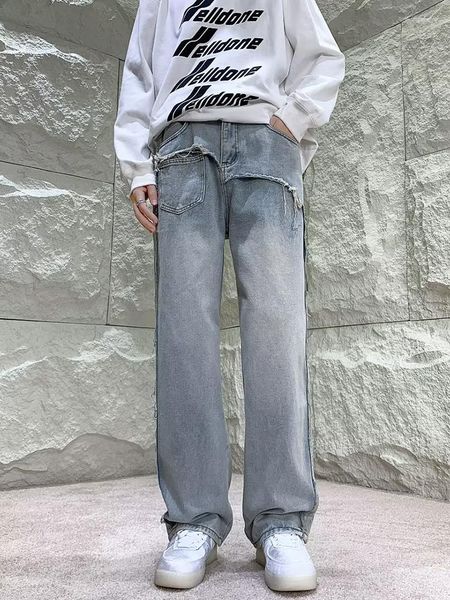 Jeans para hombres YIHANKE Estilo americano High Street Empalme Diseño Sentido Color claro Hombres y mujeres Pantalones rectos para hombre