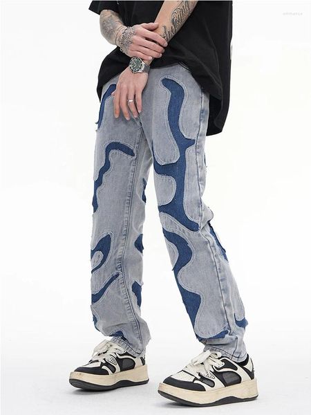 Jeans pour hommes Yihanke élégant rétro hip hop hommes déchiré ondulé rayé mâle denim pantalon droit haute rue patch pantalons décontractés