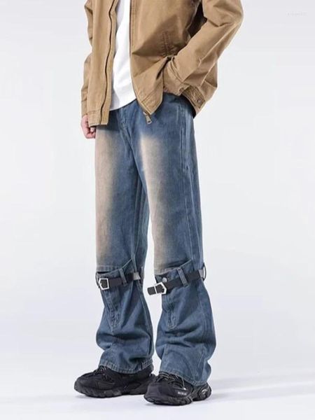 Jeans pour hommes Yihnake 2013 Y2K Ceinture de mode Creux Baggy Pantalon évasé Hommes Vêtements Femmes droites Pantalon en denim à jambe large