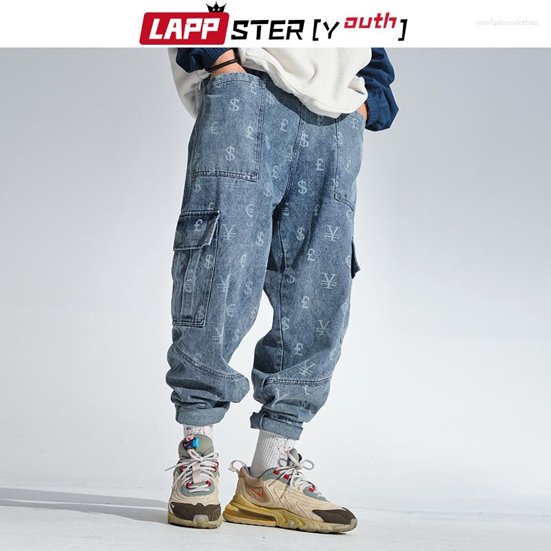 Jeans da uomo - Pantaloni da uomo stampati in denim streetwear giapponese da uomo 2023 Pantaloni da uomo con tasche alla moda blu Pantaloni da jogging maschili