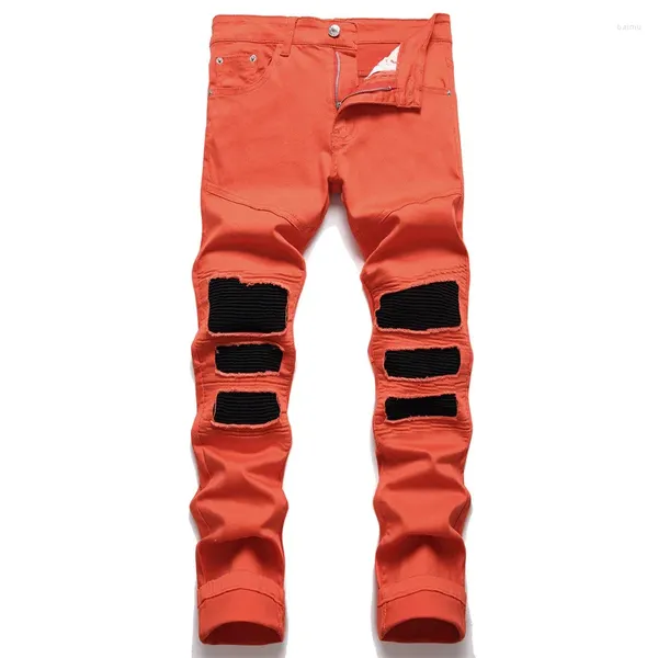 Jeans para hombres juveniles flacos rodilla parche negro rasgado para hombres calles ciclista plisado para hombres pantalones de mezclilla naranja de la calle.