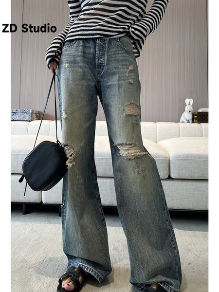 Jeans pour hommes ZD Studio Vintage Made Old Ripped Floor Drag Pantalon droit Slim Leg Longueur Casual Printemps Automne 2023 230918