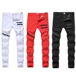 Heren noodlijdende jeans zipper Casual jeans driekleurige gesplitste zipper slanke rechte heren broek lente zomer