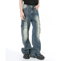 Jeans pour hommes Zipper Coton Coréen Lâche High Street Casual Droite 2024 Printemps Mode Rétro Plusieurs Poches Devise