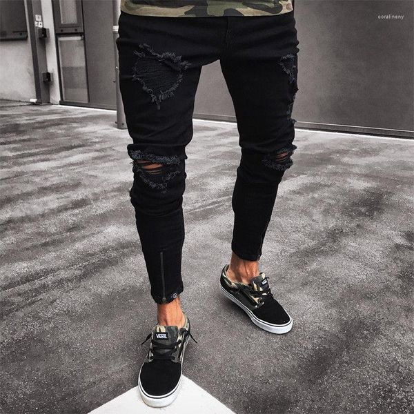 Jeans pour hommes Zipper Pantalon Hip Design Hop Fashion Slim Denim Skinny Destroyed Straight Ripped Fit Pant Black Frayed