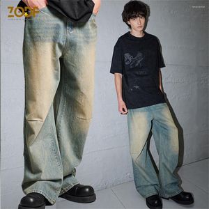 Jeans pour hommes ZODF marque de mode hommes pantalons droits lavé pur coton basique ample surdimensionné bleu clair Denim rue porte HN0082