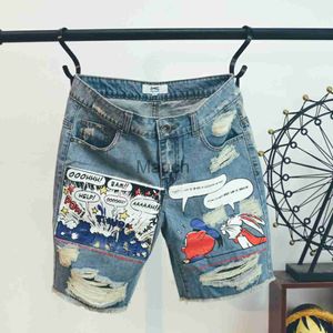 Jeans para hombres Zoom 2022 Nuevo llegada de moda Top Casual Cartoon Luz de impresión Patrón de verano Leng Flipe Fly Stone Washed Jeans Shorts Men J230814