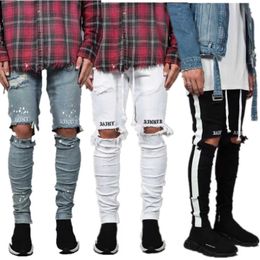 Jeans pour hommes2024 designer nouvelle mode hommes jean rue trous noirs rayures blanches jeans hiphop skateboard crayon pantalon