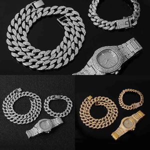 Sieradenset heren, 3-delige set, ketting, horloge en armband, hiphop, Miami Edge, Cubaanse ketting, goud All Ice Diamond, Cz Flash Q0809