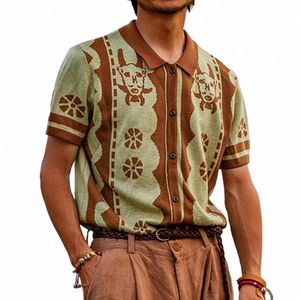 Polo imprimé ethnique tricoté pour hommes Casual Vintage Streetwear Butt Down T-shirt pour hommes Vêtements de luxe respirants M-3XL g4zN #