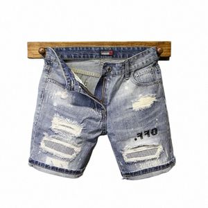Koreaanse FI -zomerse denim voor heren rechte been Micro -elastische capris patch bedelaarbroek knappe jeans shorts g9b9#