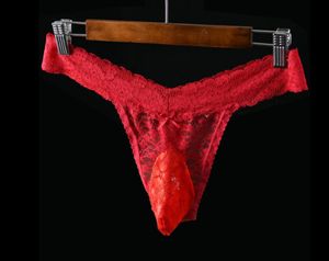 Men's Lace Thong G-string Sissy Pouch Sexy Gay ondergoed slipjes Bikini ondergoed Briefs Lingerie Black Red White L XL XXL