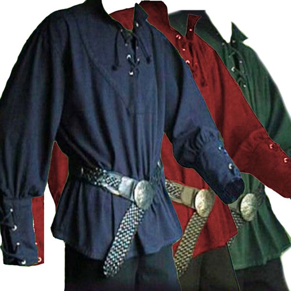 Camisa de caballero propietario para hombre, ropa renacentista Medieval con cordones, disfraz de caballero suelto, camisa de Cosplay de manga larga sólida para hombres adultos