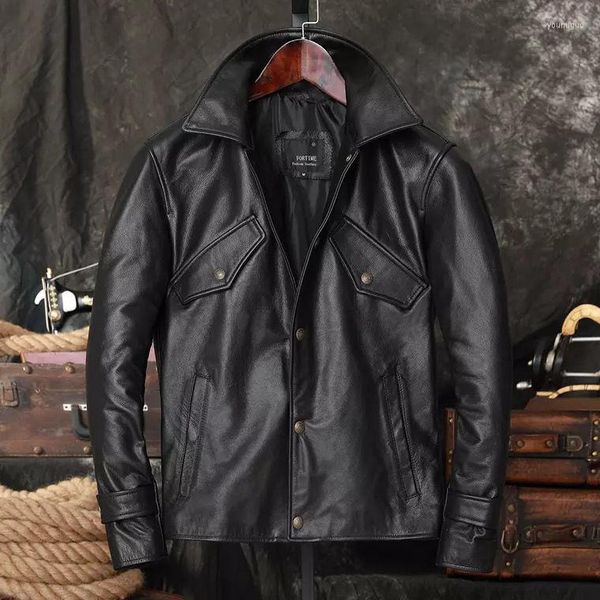 Cuero de los hombres 2023 primavera otoño Vintage hombres chaquetas de cuero de vaca motocicleta Motor genuino ropa de motorista abrigo Casual A198