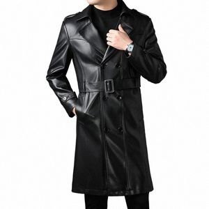 Vêtements en cuir pour hommes Automne et hiver Lg Revers Imitati Manteau en cuir Coupe-vent avec ceinture Veste Manteau pour hommes 83hs #