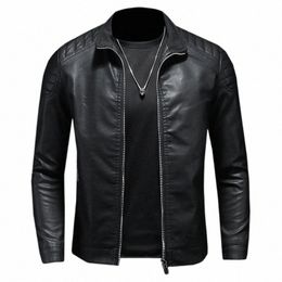 Vêtements en cuir pour hommes Fi Slim Fit Zipper Veste en cuir solide Veste décontractée Moto Biker Manteau en cuir Hommes Veste de moto l5hE #